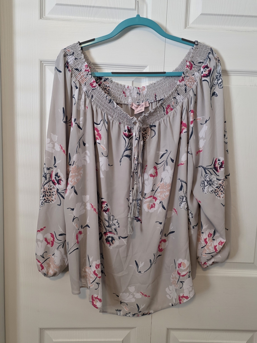 Penningtons Taupe Floral Off-Shoulder Peasant Blouse with Pink Accents - Picture 1 of 6